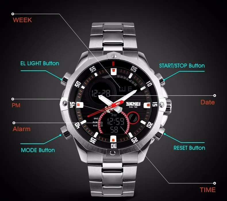Top Luxury Brand SKMEI Men's Watches Full Steel Quartz Analog Digital LED Army Military Sport Watch Male Relogios Masculinos