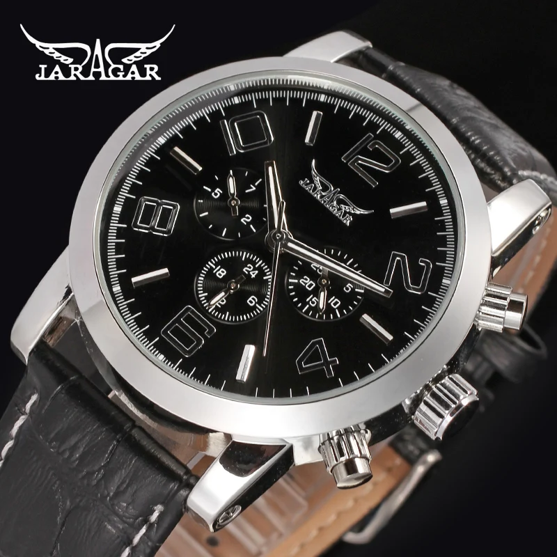 

JARAGAR Men Luxury Automatic Mechanical Watch Big Number Leather WristWatch Gift Box Relogio Releges