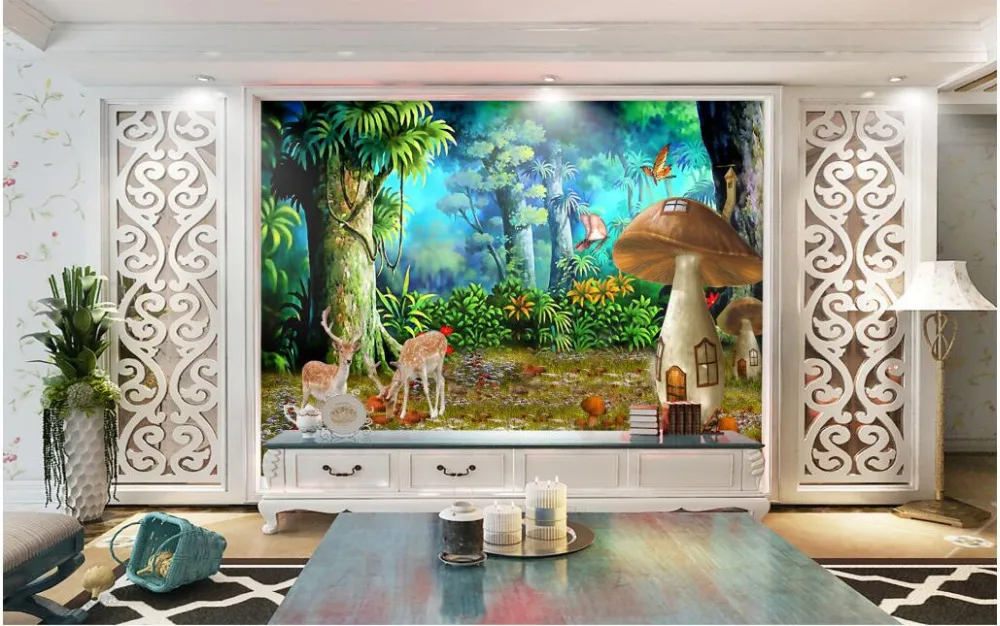 

3d wallpaper custom photo non-woven forest mushroom sika deer 3d wall murals wallpaper for walls 3 d room decoration painting