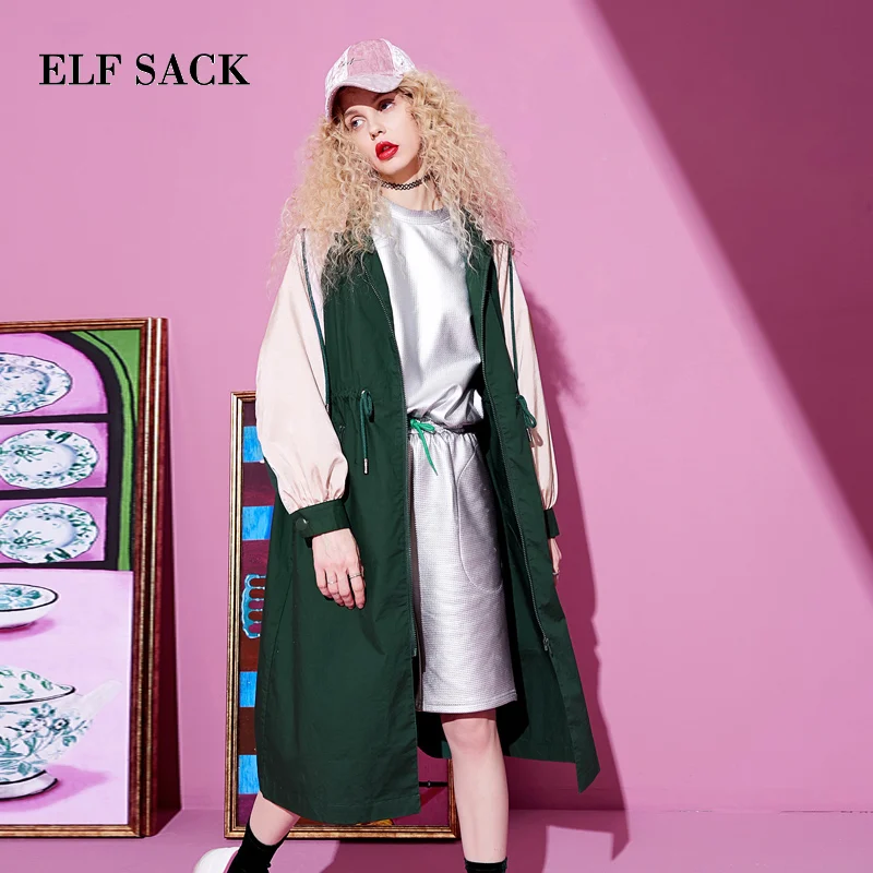 

ELF SACK 2019 Spring Women Trench Coats Casual Patchwork Wide-waisted Hooded Trench Coats Oversized Zipper Femme Trench Coat