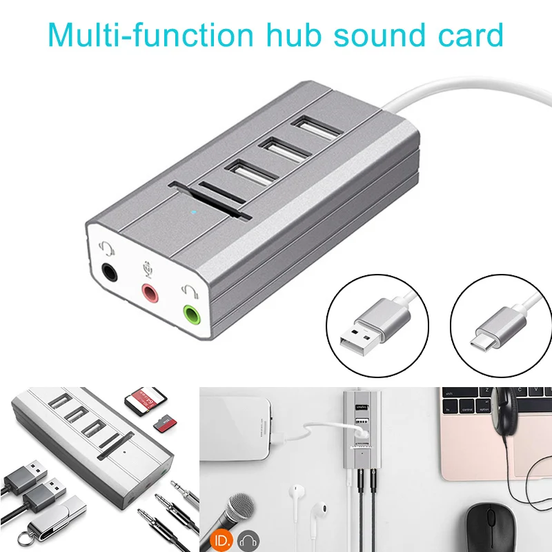 

Type-C/USB3.0 External TF/SD Card Sound Card Multifunction HUB Adapter Splitter QJY99