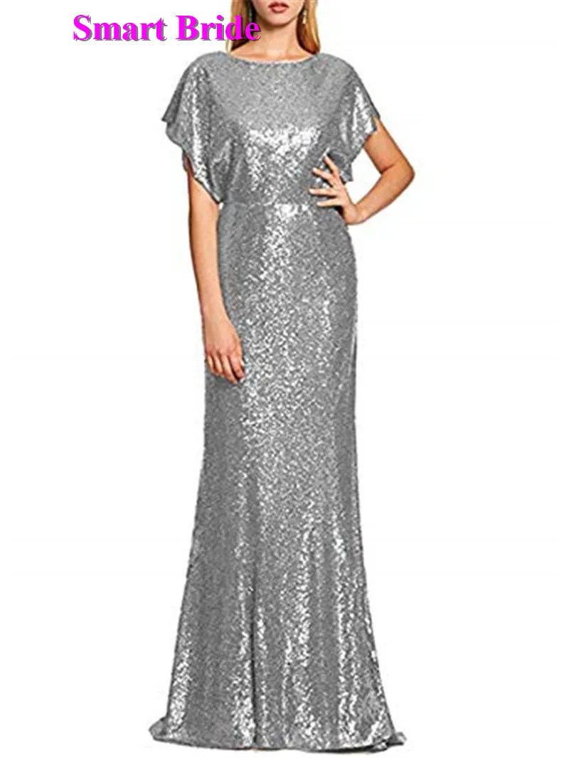 Mermaid Sequined Evening Dresses Long O-Neck Backless Cap Sleeve Formal Party Gown for Women 2019 Floor Length EDress 6