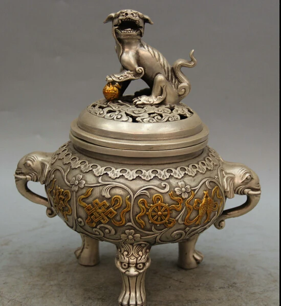 

JP S0524 10" Marked Tibet Bronze Gild 3 Foot 8 Auspicious Symbol Incense Burner Censer