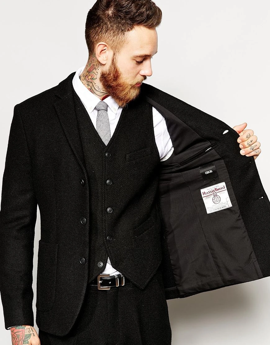 Новейший дизайн пальто брюки зимний черный твидовый мужской костюм Slim Fit 3 шт смокинг индивидуальный стиль Костюмы Жених выпускного вечера Блейзер Masculino