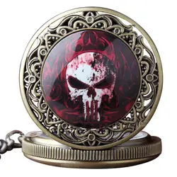 Новое поступление.  Кварцевые карманные часы на цепочке цвета бронзы, с изображением черепа в красном пламени. Унисекс.  Модель P324
