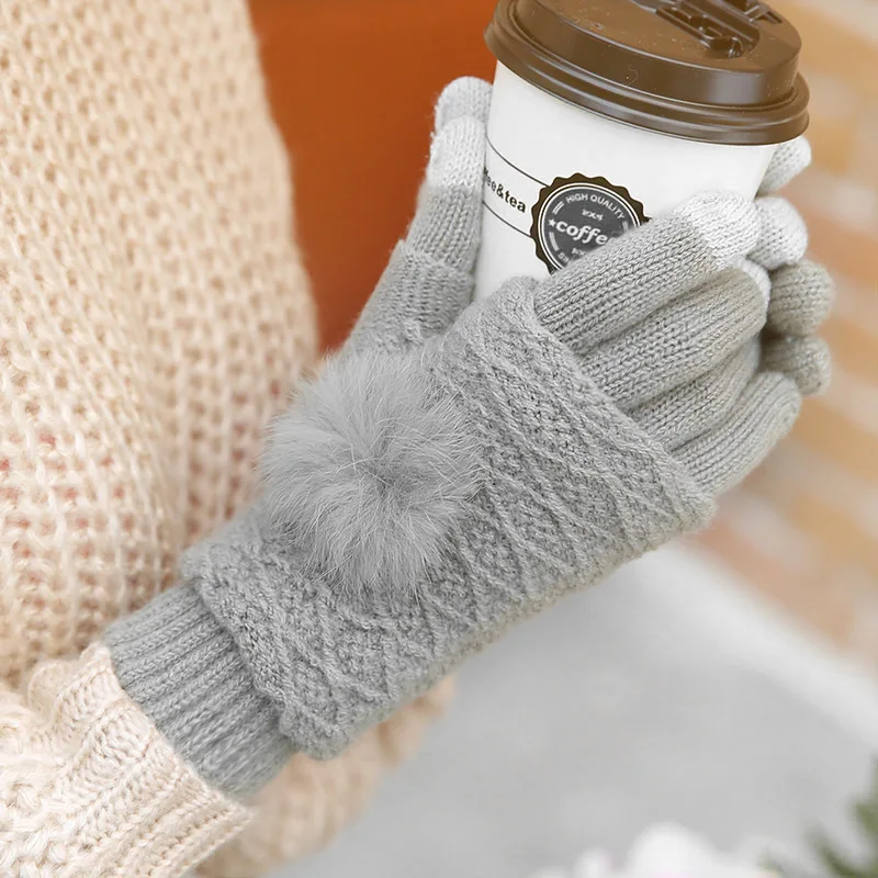 Перчатки женские зимние теплые двухслойные раздельные перчатки без пальцев женские варежки с помпонами из кроличьего меха женские перчатки - Цвет: Hair ball-Gray