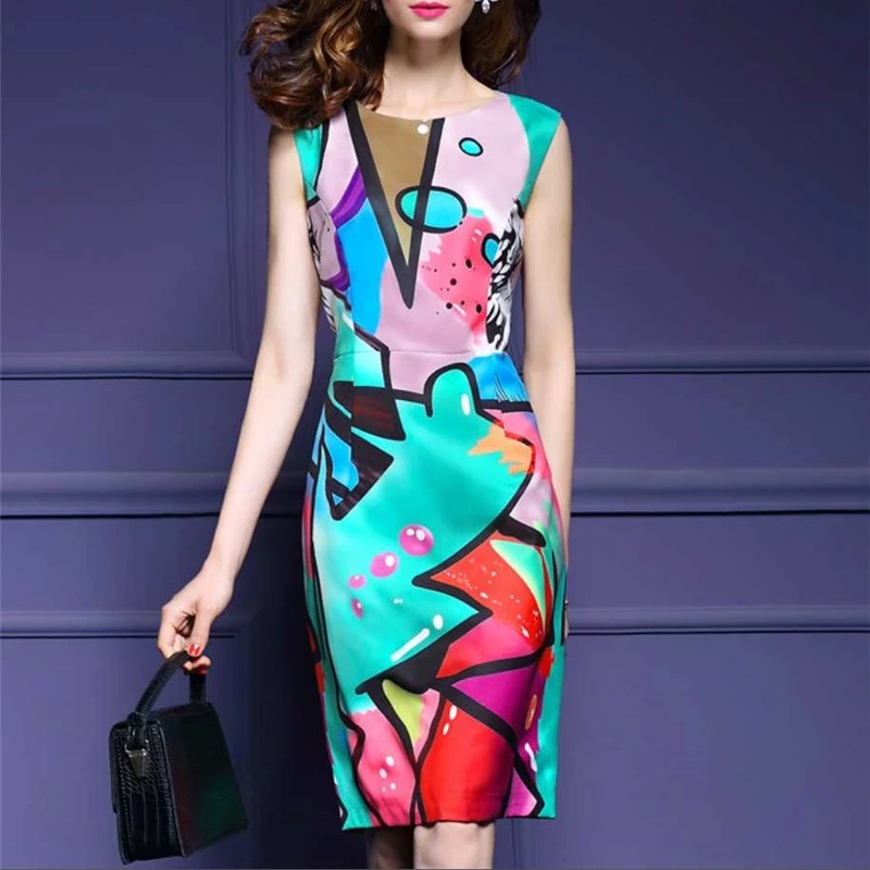 

New Style Fashion Runway Catwalk Designer Dress Women Vintage Retro Printing Elegant Sleeveless Party Dress Ladies Clothes SL281