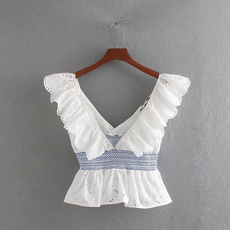 

2019 Women sweet deep v neck backless hollow out embroidery Blouse holiday chic ruffles Shirts elastic waist white short Tops