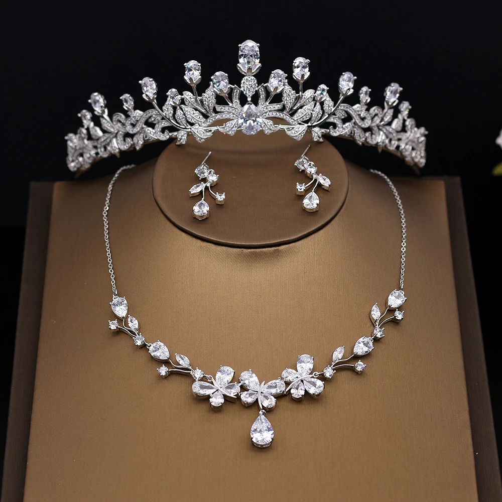 

Luxury AAA Cubic Zirconia Jewelry Sets Pear Cut Zircon Stone Crown Tiara Necklace Earrings Bijoux Bridal Wedding Engagement Gift