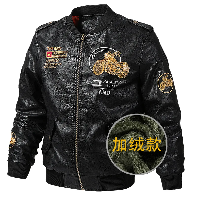 

Fleece PU Jacket Men Casual Military Thick Coat Embroidery 2019 Fashion Autumn Winter Baseball Leather Jackets Male J0260