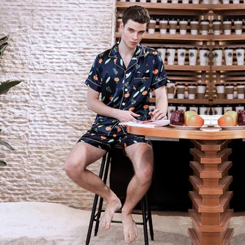 

Print Silk Mens Pajamas Short Sleeve Pajamas Set with Short Pants Turn-down Collar Sleeping Clothing Nighty Set Shorts