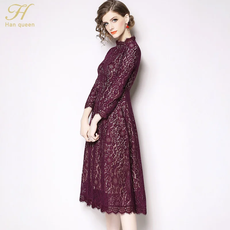 H Han queen, Новое поступление, весеннее фиолетовое кружевное платье, модное, европейский стиль, элегантные, обтягивающие, вечерние, женские, повседневные платья