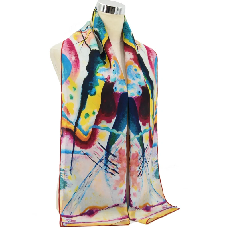 Yilijin шарф из натурального шелка для женщин кандинские известные масляные краски цифровое печатное искусство шелковая шаль и обертка 160x45 см
