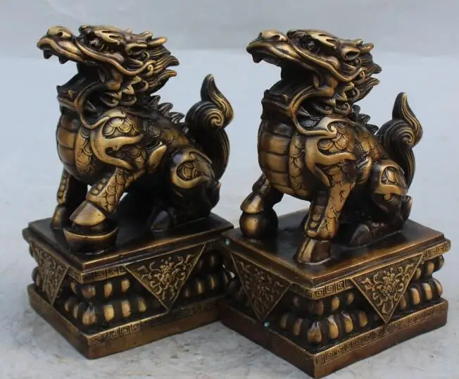 

S2308 9" Chinese Bronze Wealth Yuanbao Guardian Dragon Beast Kylin Chi-Lin Statue Pair discount 30% (C0324)