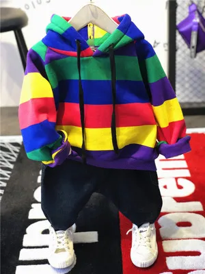 Детский Повседневный пуловер в разноцветную полоску с длинными рукавами; комплекты одежды с капюшоном; теплые зимние спортивные толстовки из плотного флиса - Цвет: hoodies set