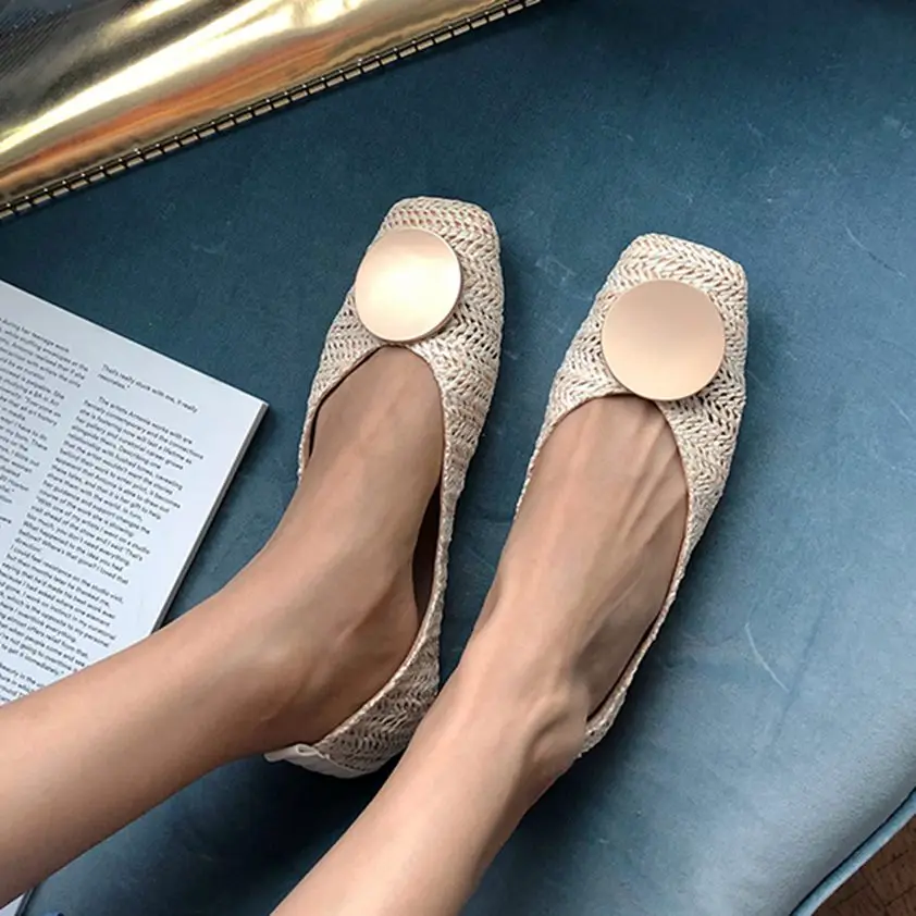 

Women Summer Flats Casual Ballerina Shallow Slip On Square Heel Single Boat Shoes Breathable Soft Loafers Flats