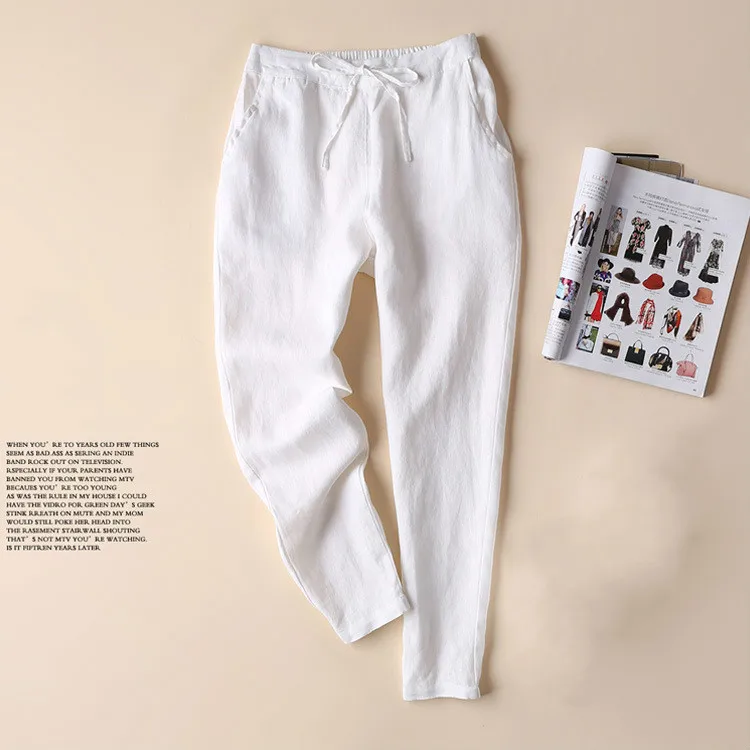 Summer Female Cotton Linen Pencil Pants Korean Plus Size Pants Girls Loose Slim White Trousers Women Casual Lace Up Capri 3xl