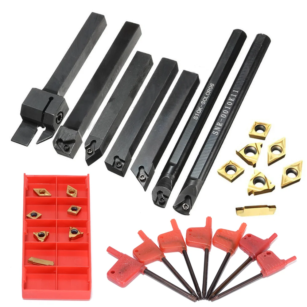

7pcs 10mm Tool Holder Boring Bar + 7pcs Golden Inserts with 7pcs Wrenches For Lathe Turning Tool
