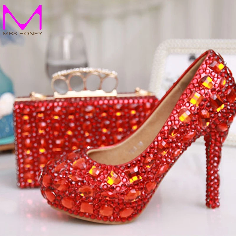 Glitter Red Crystal Bridal Wedding Dress Shoes Party Evening Dress Shoes Party Prom High Heels with Matching Crystal Clutch Bag