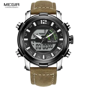 

Megir Men's Multiple Time Zone Quartz Watches Digital Chronograph Wrist Watch for Man Leather Strap Luminous 2089G Silver Black