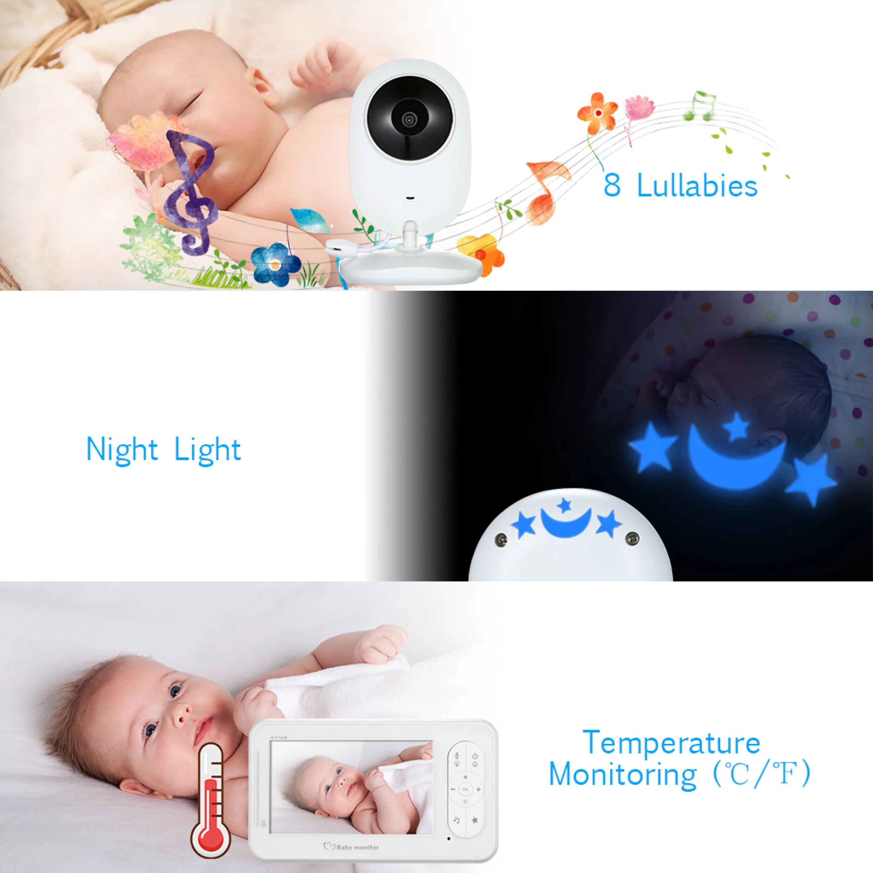 IMPORX 4.3 inch Color Wireless Lullaby Video Baby Monitor Security Camera 2 Way Talk Night Vision IR LED Temperature Monitoring