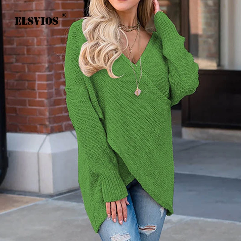 

ELSVIOS Sexy Cross Irregular Knitted Sweater women Autumn winter Deep V Neck Loose Long Sleeve Jumpers Female solid Pullover 2XL