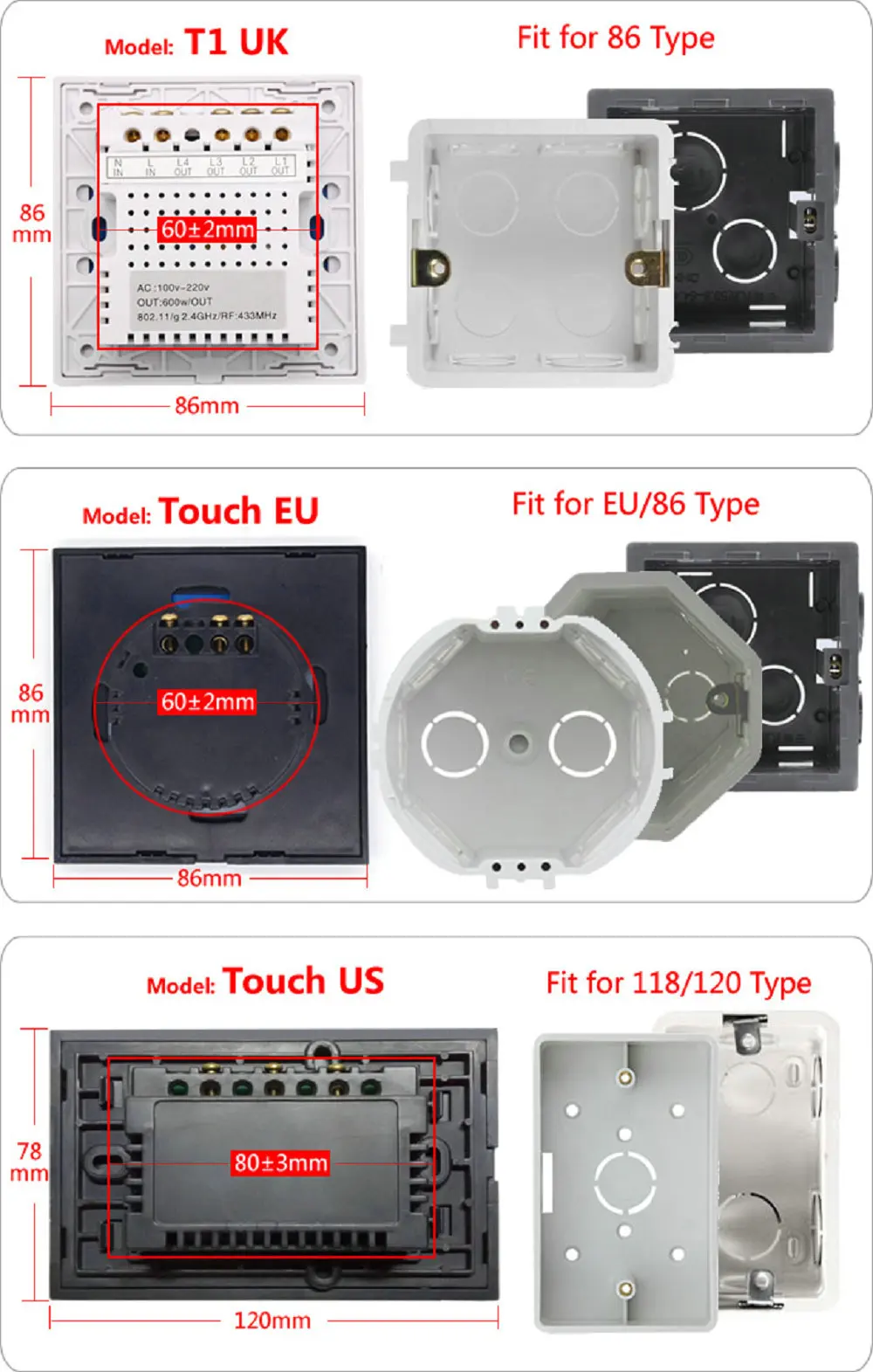 Sonoff T1 умный переключатель EU/UK WiFi RF/APP/Touch управление настенный светильник переключатель 1/2/3 банды настенный сенсорный светильник переключатель умный дом