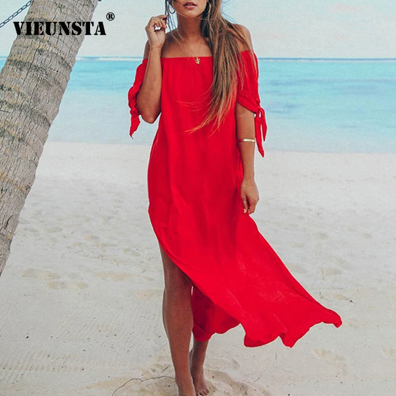 

VIEUNSTA Summer Sexy Off Shoulder Boho Beach Dress Women Slash Neck High Split Long Dress Female Short Sleeve Loose Maxi Dresses