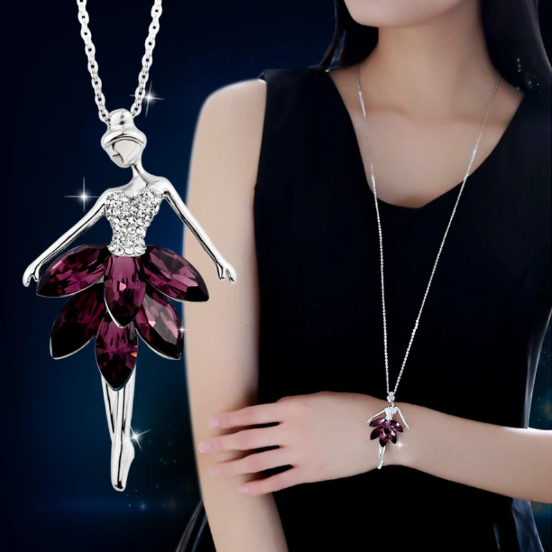 LNRRABC Fashion Crystal Plated Ballerina Girl Charm 1PC New Long Jewellery Gift Alloy Pendant Women Necklace Sweater Chain