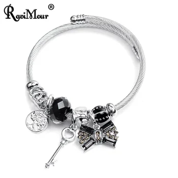 

RAVIMOUR Women Bracelets Bangles Jewelry Fashion Stainless Steel Cuff Bangle Big Bowknot Crystal Ball Key Tree Charms Pulseira