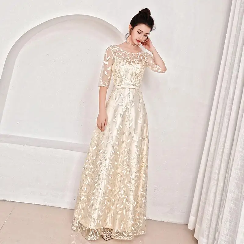 Sexy Flower Women Banquet Dress Elegant Full Length Abendkleider Party Dresses Noble O-Neck Robe De Soiree Gown 3XL - Цвет: Style J