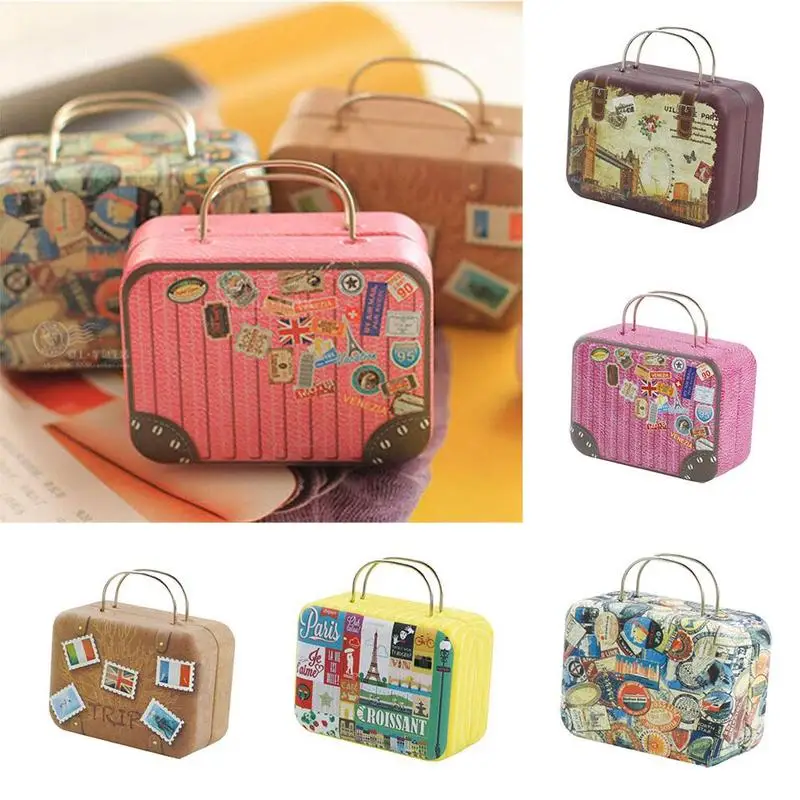 

5 Style Vintage 54*33*45mm Mini Tin Candy Box Retro Suitcase Handbag Small Rectangular Candy Jewelry Box Small Tin Container