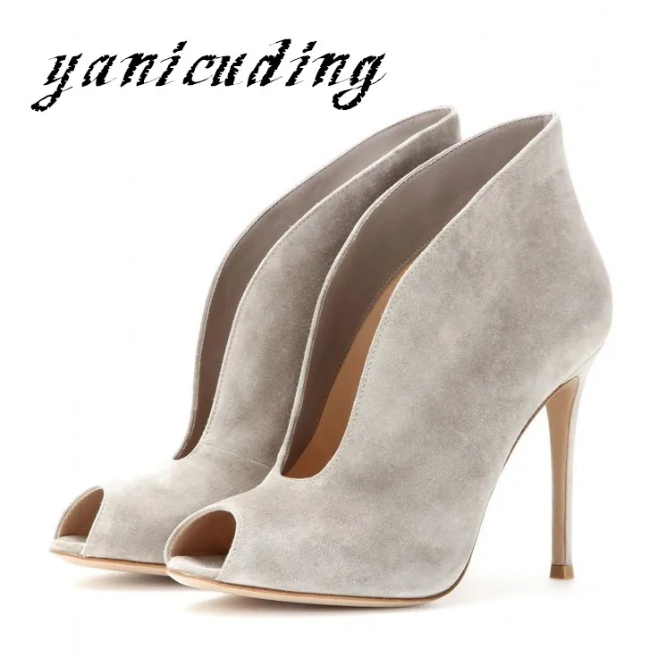 

Fashion Suede Leather Ankle Boots Women Sexy Peep Toe Pumps Deep V Front Ladies High Heel Slip On Fashion Dress Shoes Plus Size