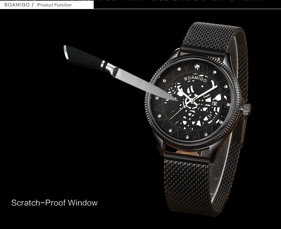 BOAMIGO Brand Mesh Steel Band Watches Mens Black Quartz Watch Fashion Skeleton Male Simple Wristwatch Auto Date Waterproof Clock (13)
