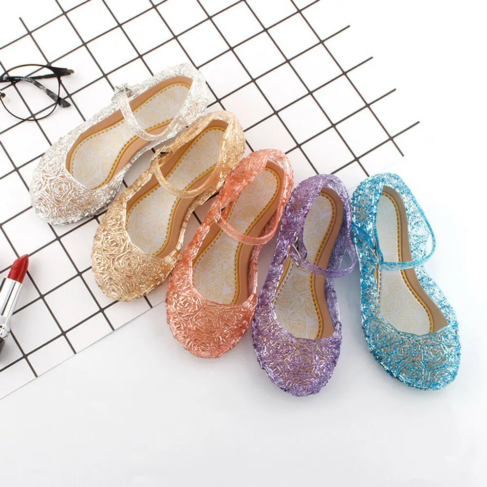 

New Summer Fashion Kids Girl Fancy Crystal Jelly Gel Shoes For Frozen Cinderella Dress Up Cosplay