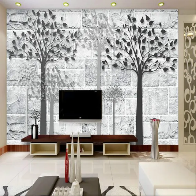 Retro brick wall black and white tree Mural wallpaper for walls living