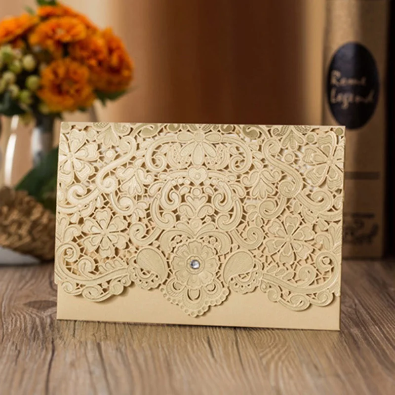 10pcs/pack Gold Red Laser Cut Lace Wedding Invitation Card Elegant Hollow Out Carved Diamond Event Party Supply | Дом и сад