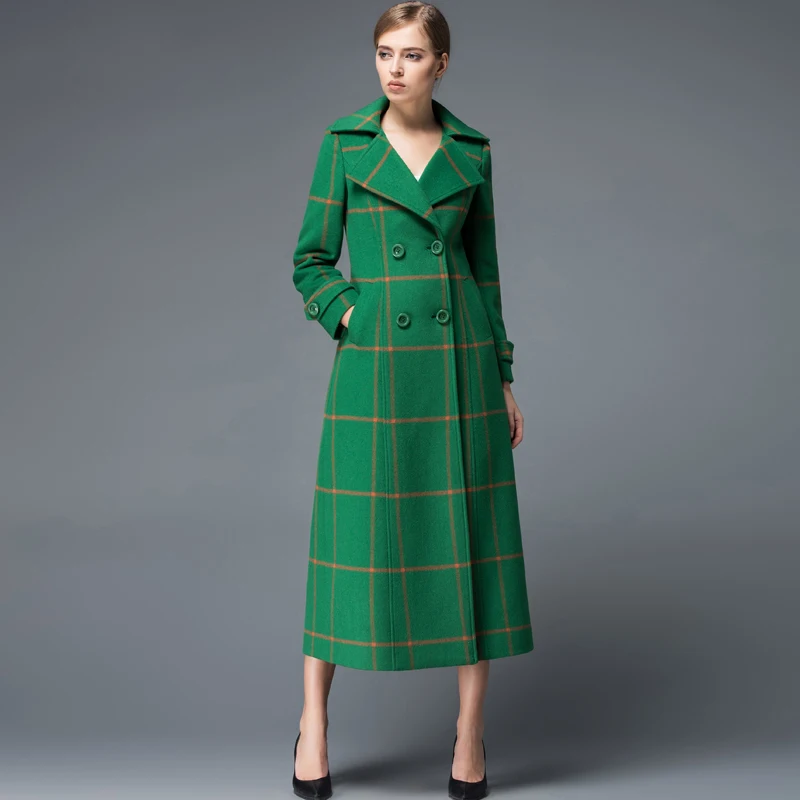 2016 Winter Slim Plaid Cashmere Overcoat Fashion Elegant Long Sleeve Plus Size Long Trench Coat Women
