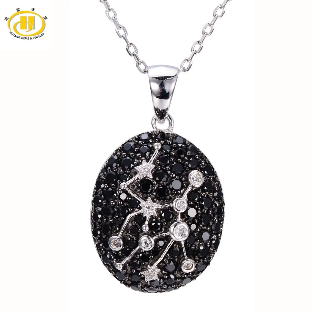 Hutang 2 61ct Black Spinel White Topaz Pendant Solid 925 Sterling Silver Necklace Virgo Constellation Birthday