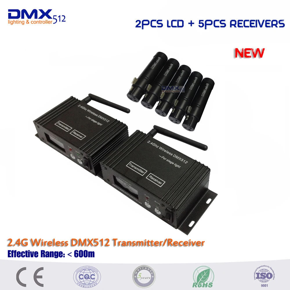 

New style 7Pcs/lot Communication Distance 500M Wireless DMX512 LCD Sender Transmitter And Receivers 2.4G Wireless Controlling