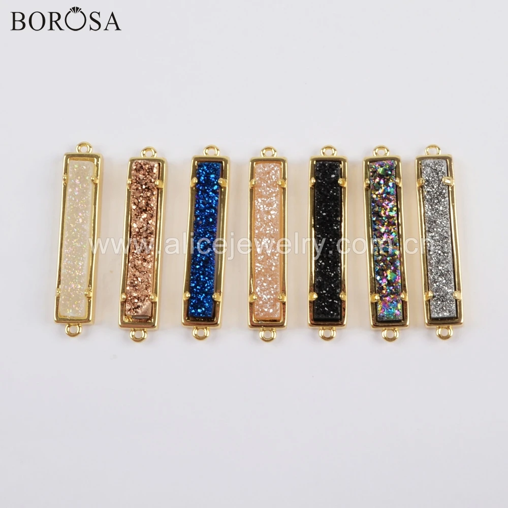

BOROSA 5PCS Gold Bezel Claw Rectangle Natural Agates Titanium Rainbow Druzy Connector Drusy Double Charms for Necklace ZG0405