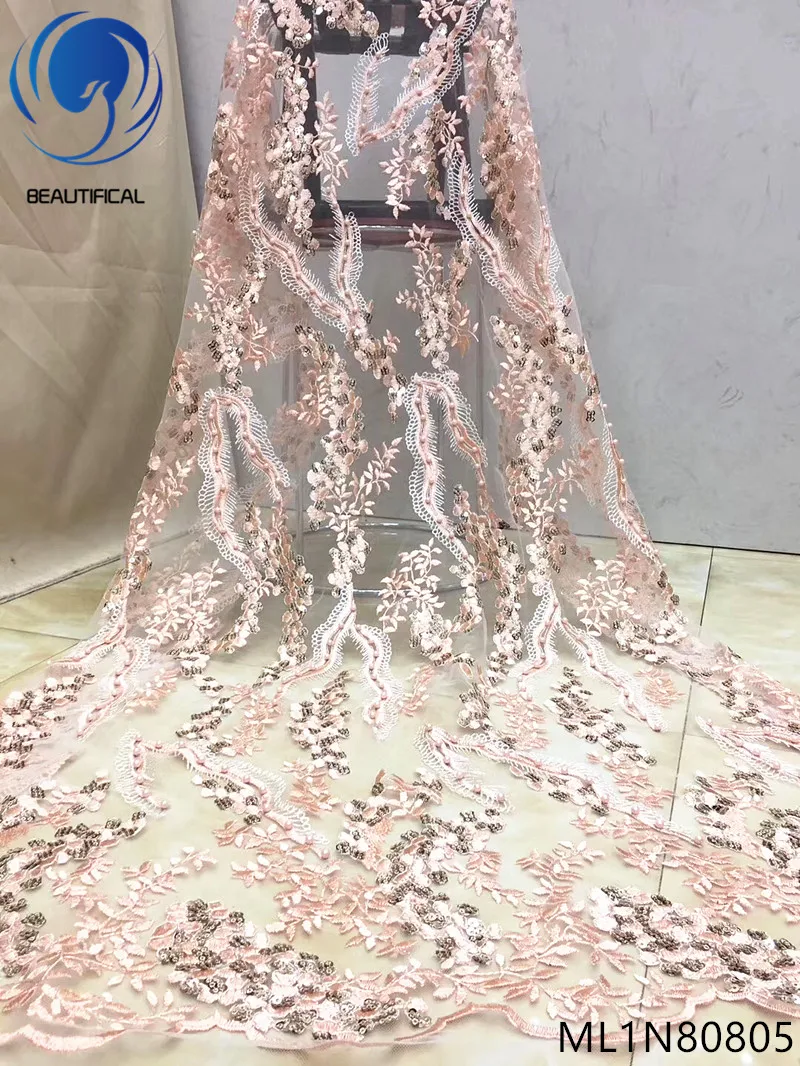 

BEAUTIFICAL african lace fabrics embroidery beads net lace fabric New arrival french lace sequins fabric 5yards ML1N808