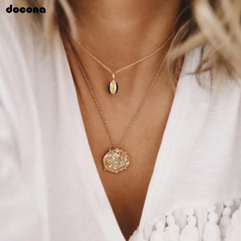 

docona Bohemian Gold Color Shell Crystal Round Metal Multi Layer Necklace for Women Girl Geometric Pendant Necklace Collar 8063