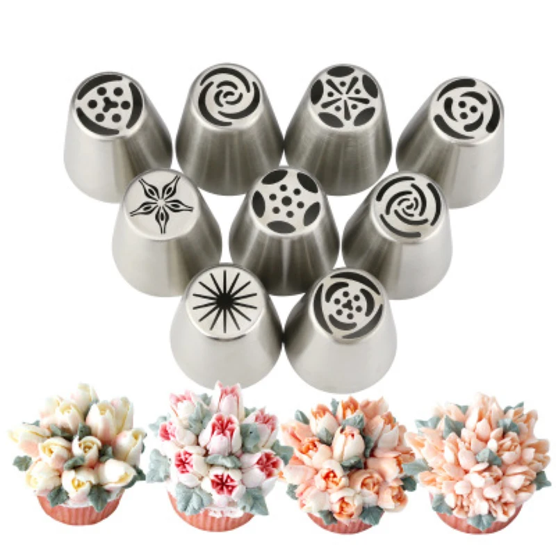 

9 Pcs Cream Nozzles Stainless Steel Russian Piping Tips DIY Pastry Cupcake Decorating Tips Tulip Flower Confectionery Tools