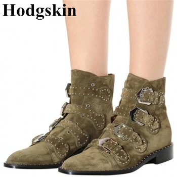 

Europe Station Fashion Motorcycle Martin Woman Boots Classic Buckle Vintage Suede Pointed Toe Ladies Shoes Soft Leather Footwear