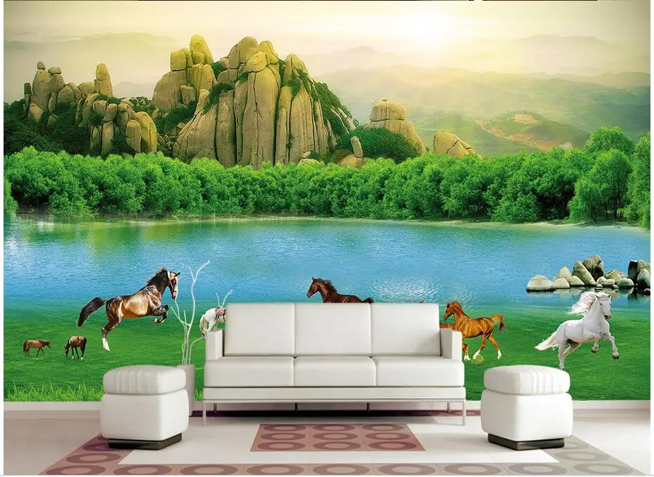 Пользовательские фото 3d обои нетканый настенные Prairie лошадей пастбища Зеленый пейзаж 3D настенные фрески обои для гостиной