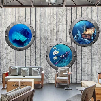 

Modern Creative Mural Wallpaper 3D Underwater World Wood Board Photo Wall Paper Restaurant Bar Background Wall Decor 3D Frescoes