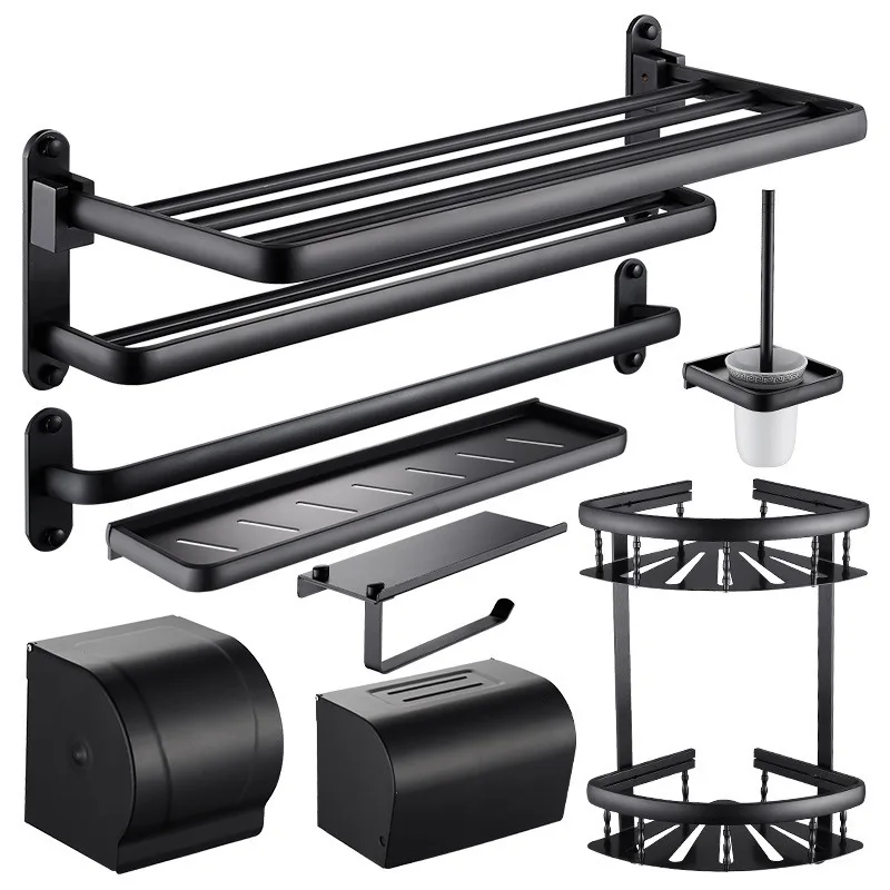 

Bath Hardware Set Space Aluminum Black Folding Towel Rack Bathroom Shelf Towel Rack Set Anodizing Toilet Brush Holder Wall Mount