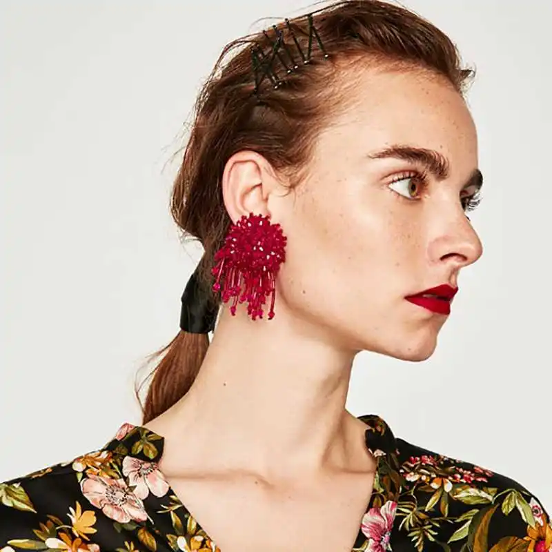 

Rose Crystal Beads Charm Women Tassel Earrings Handmade Multi Fringing Luxurious Wedding Jewelry aretes de mujer ET249