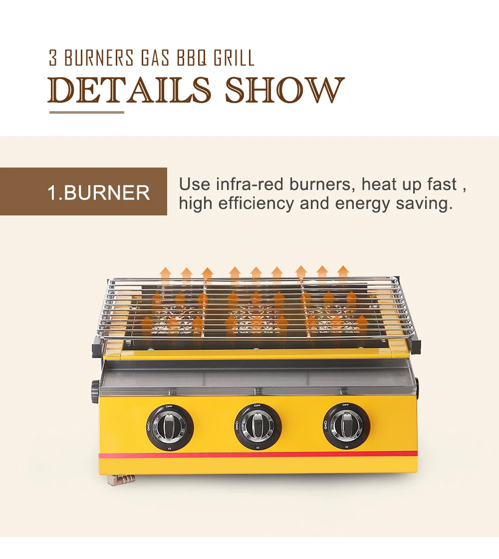 Электрический газовый гриль для барбекю 3 горелки плита для барбекю регулируемая высота щит/стеклянный экран бездымный для пикника на открытом воздухе барбакоа